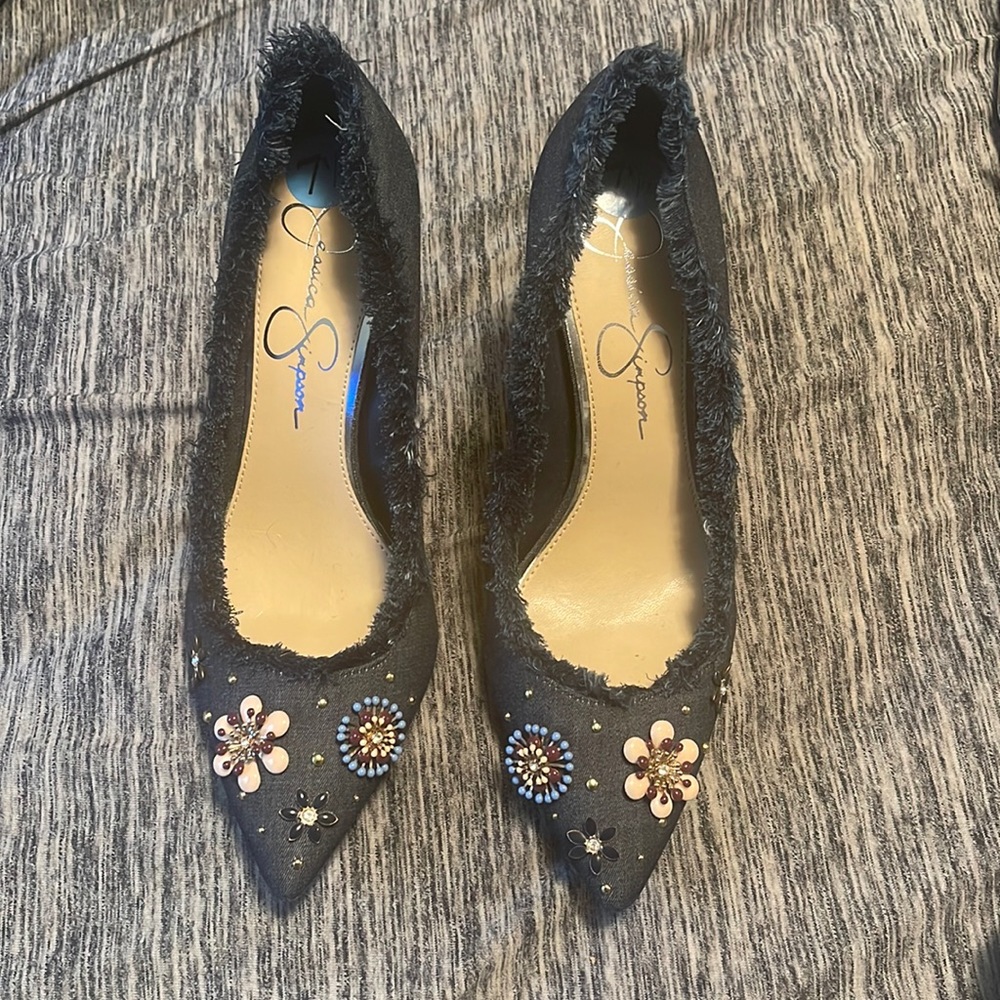 Denim fringe heels